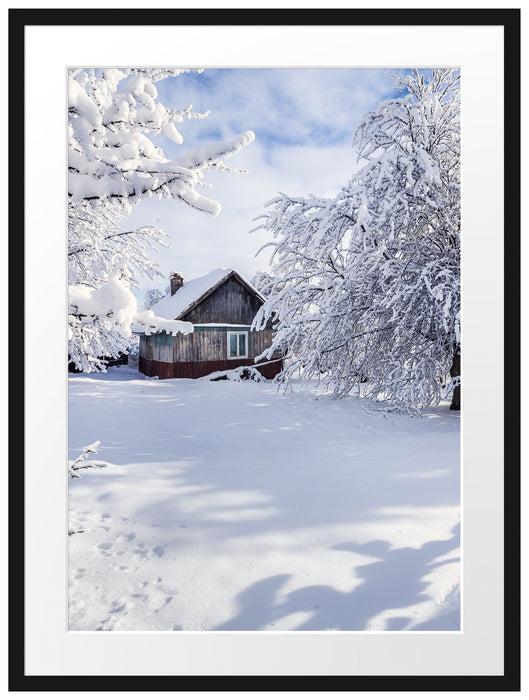 Winterlandschaft mit Hütte Passepartout 80x60