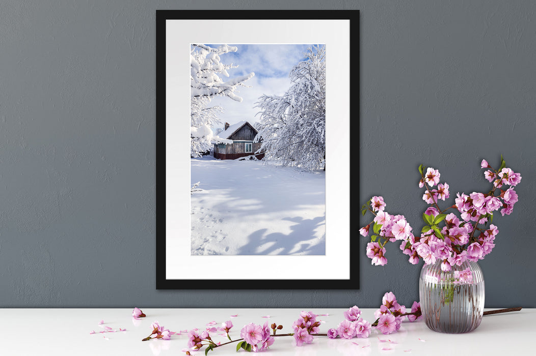 Winterlandschaft mit Hütte Passepartout Wohnzimmer