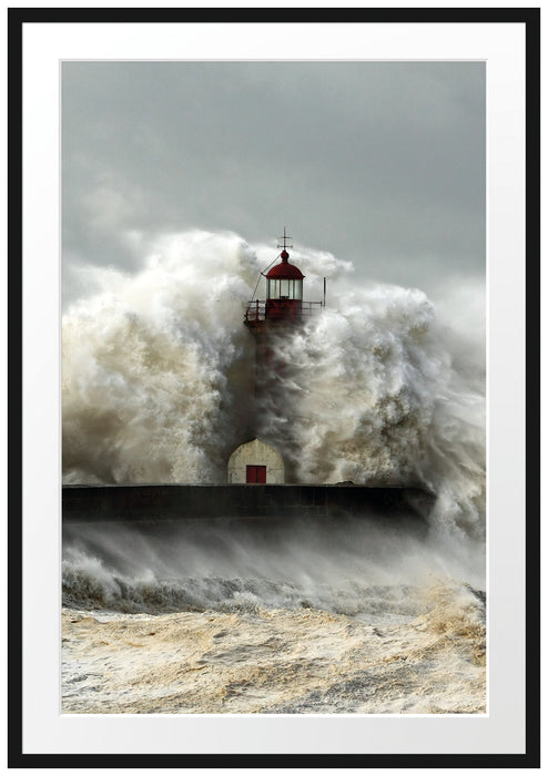 Pixxprint Leuchtturm im Sturm, im Galerie-Passepartout Bilderrahmen