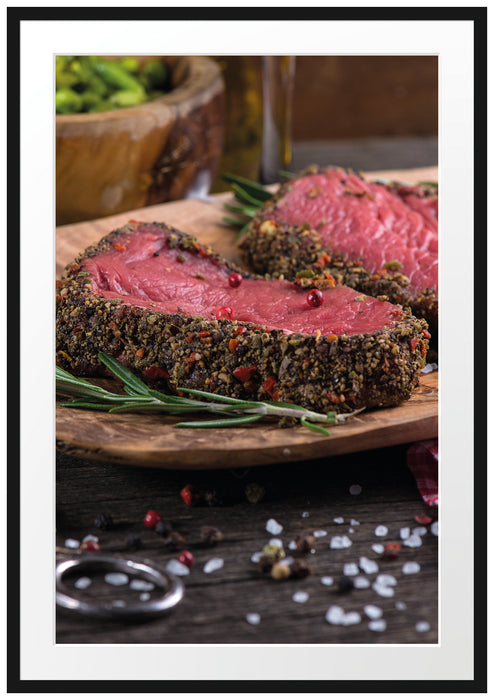 Pixxprint Leckeres Steak, im Galerie-Passepartout Bilderrahmen