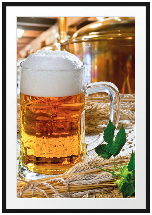 Pixxprint frisches Bier mit Hopfen, im Galerie-Passepartout Bilderrahmen