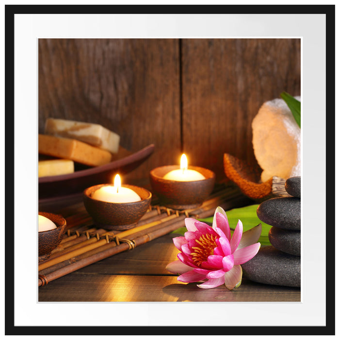 Kerzen mit Zen Steinen und Seerose Passepartout Quadratisch 70x70