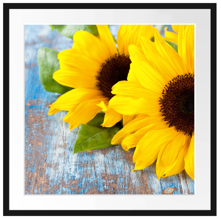 Sonnenblumen auf Holztisch Passepartout Quadratisch 70x70