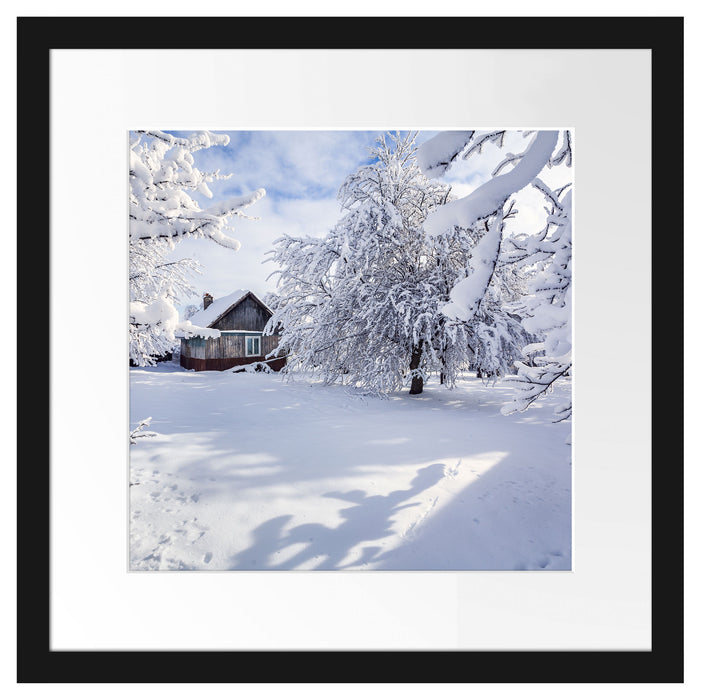 Winterlandschaft mit Hütte Passepartout Quadratisch 40x40