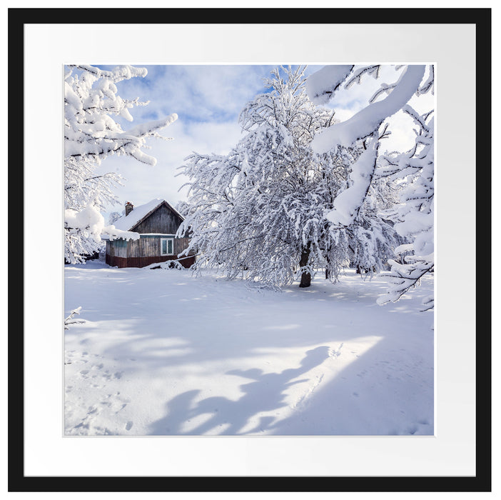 Winterlandschaft mit Hütte Passepartout Quadratisch 55x55