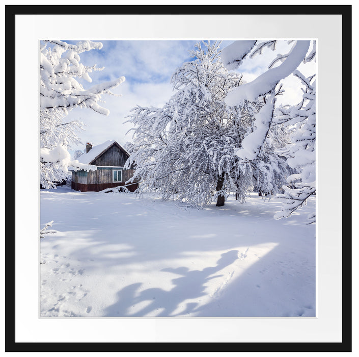 Winterlandschaft mit Hütte Passepartout Quadratisch 70x70