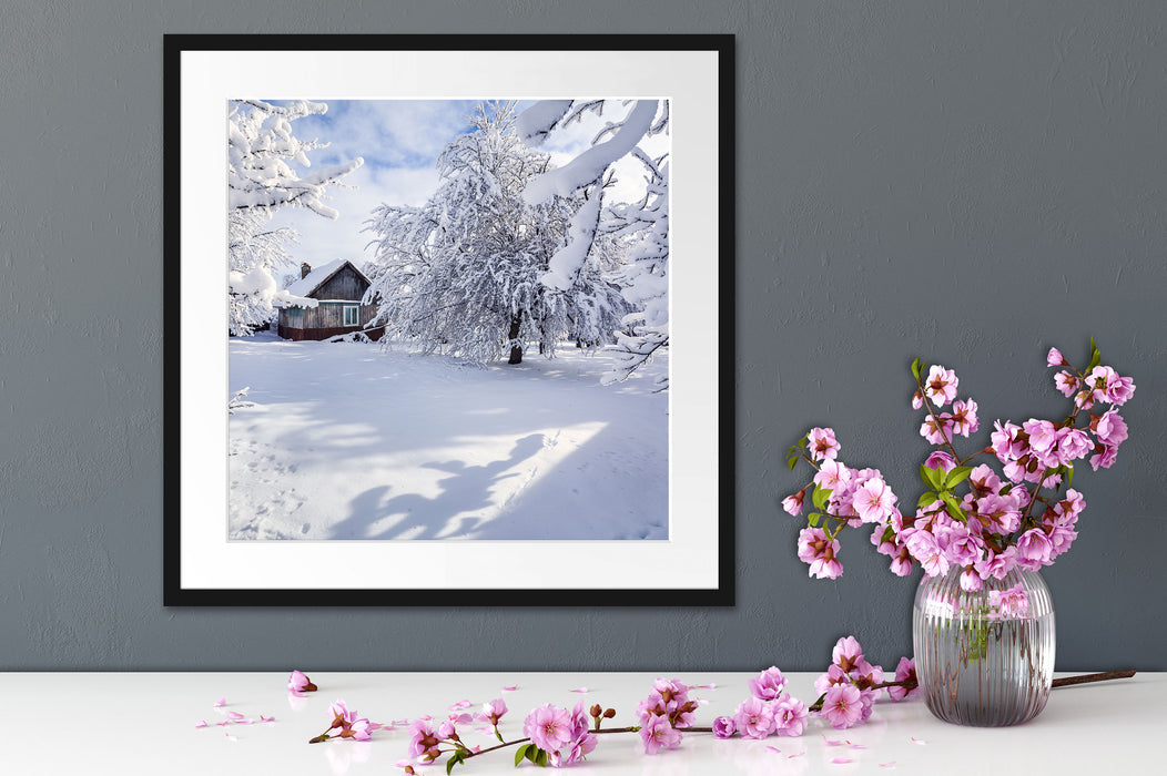 Winterlandschaft mit Hütte Quadratisch Passepartout Dekovorschlag