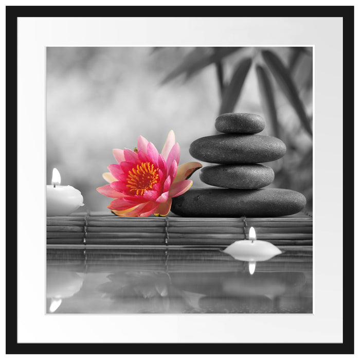 Seerose Zen Steine Kerzen Passepartout Quadratisch 55x55