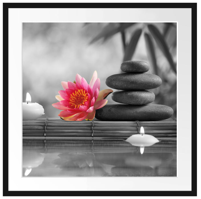 Seerose Zen Steine Kerzen Passepartout Quadratisch 70x70