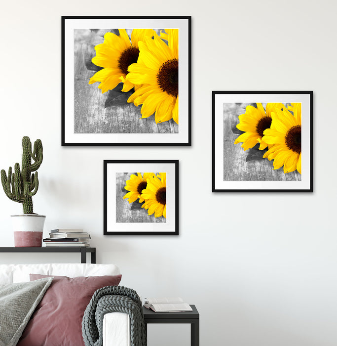 schöne Sonnenblumen auf Holztisch Quadratisch Passepartout Wohnzimmer