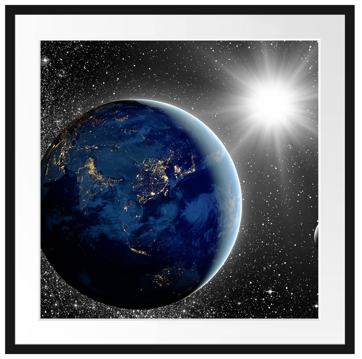 Erde mit Sonne im Weltall Passepartout Quadratisch 70x70