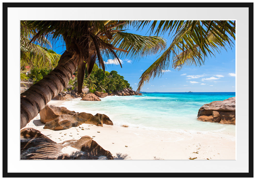 Pixxprint Palmenstrand Seychellen, im Galerie-Passepartout Bilderrahmen