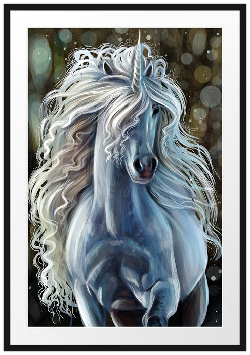 Pixxprint Trabendes weißes Einhorn, im Galerie-Passepartout Bilderrahmen