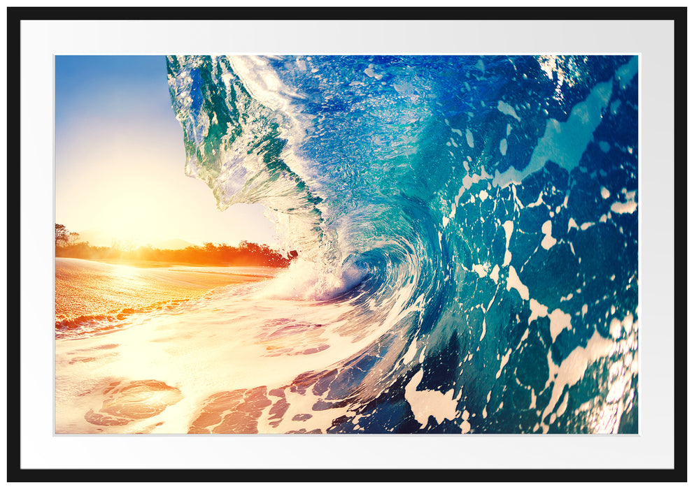 Pixxprint Riesen Welle bei Sonnenaufgang, im Galerie-Passepartout Bilderrahmen