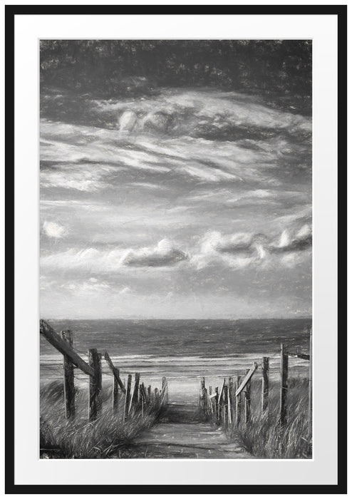 Pixxprint Weg zum Strand am Meer Kunst, im Galerie-Passepartout Bilderrahmen