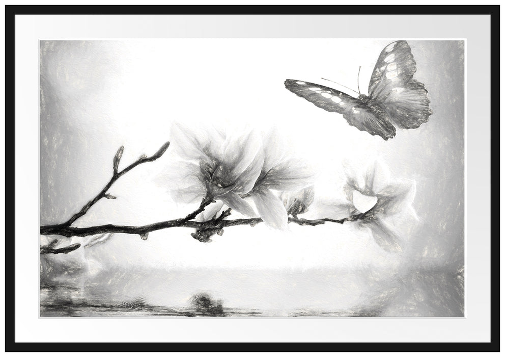 Pixxprint Schmetterling mit Magnolien-Blüte, im Galerie-Passepartout Bilderrahmen