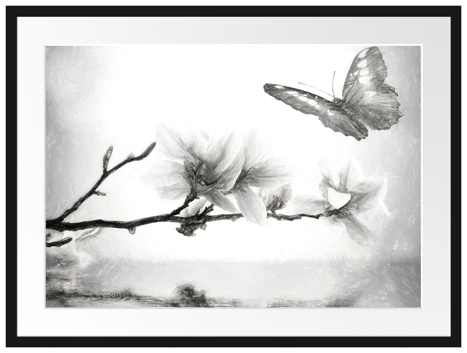 Schmetterling mit Magnolien-Blüte Passepartout 80x60