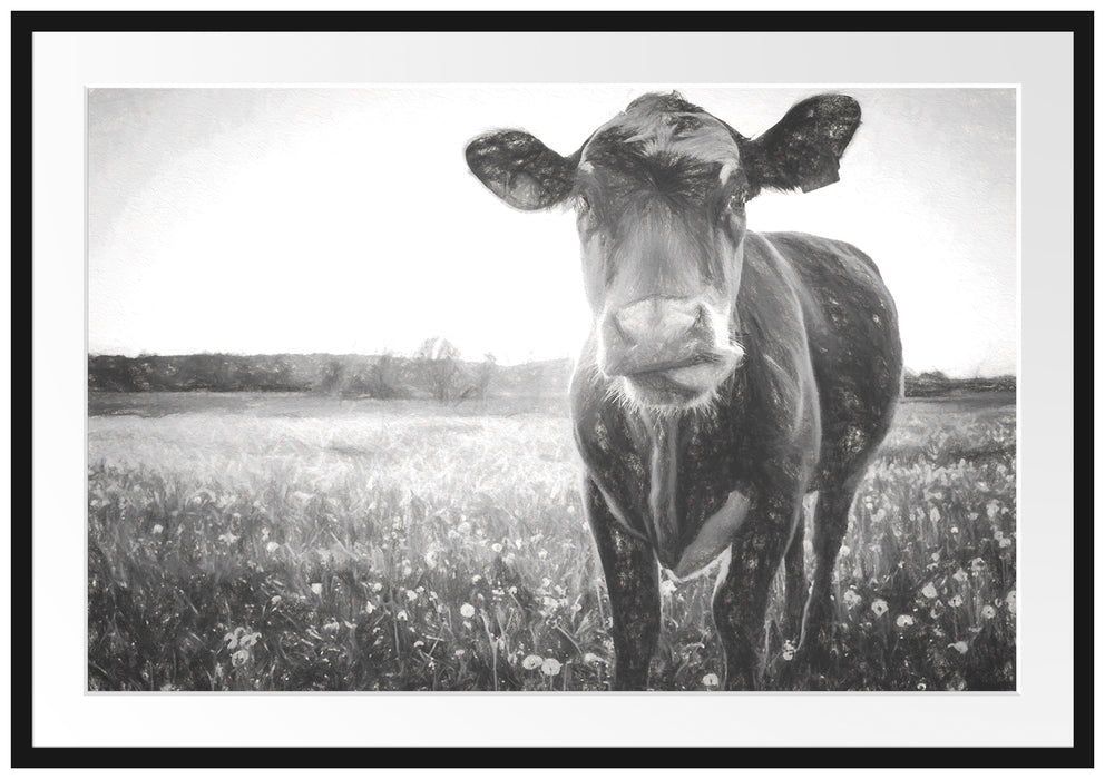 Pixxprint Kuh auf Butterblumenwiese, im Galerie-Passepartout Bilderrahmen