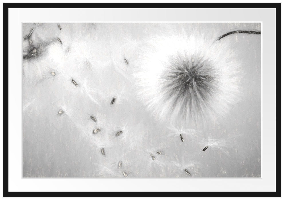 Pixxprint Pusteblumen in Bewegung Kunst, im Galerie-Passepartout Bilderrahmen