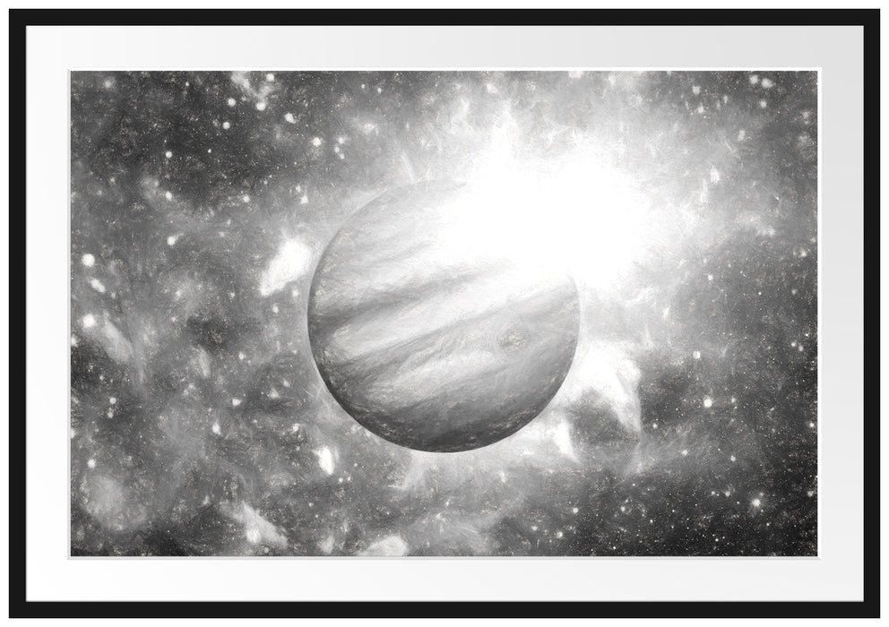 Pixxprint Planet Jupiter im Universum Kunst, im Galerie-Passepartout Bilderrahmen