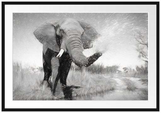 Elefant spritzt mit Wasser Passepartout 100x70