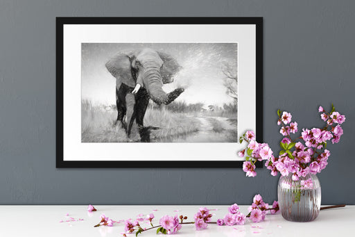 Elefant spritzt mit Wasser Passepartout Wohnzimmer