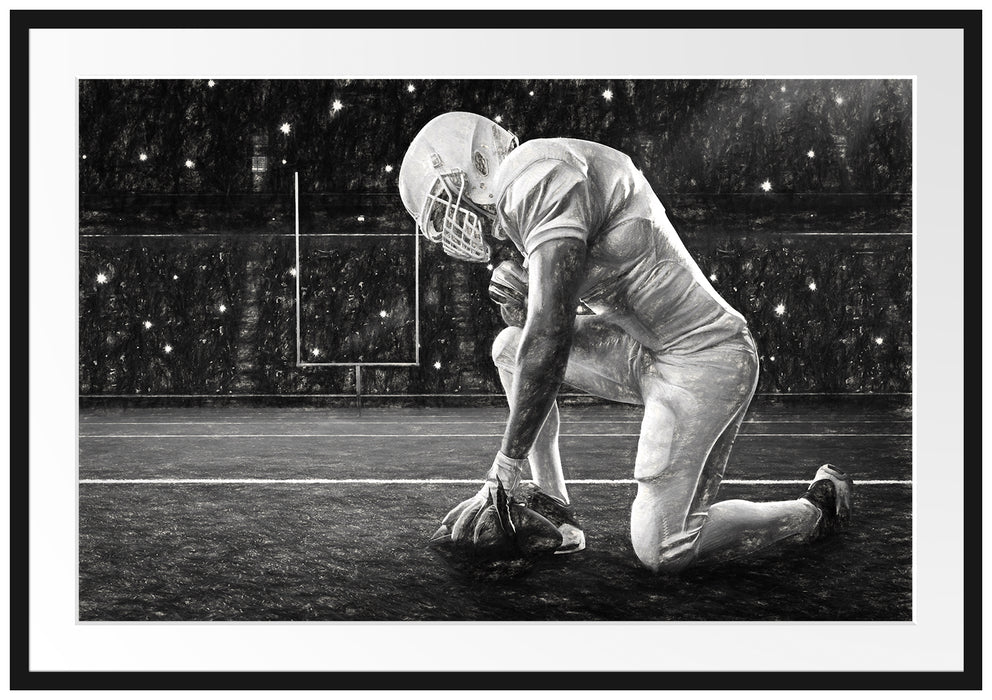 Pixxprint knieender Football-Spieler Kunst, im Galerie-Passepartout Bilderrahmen