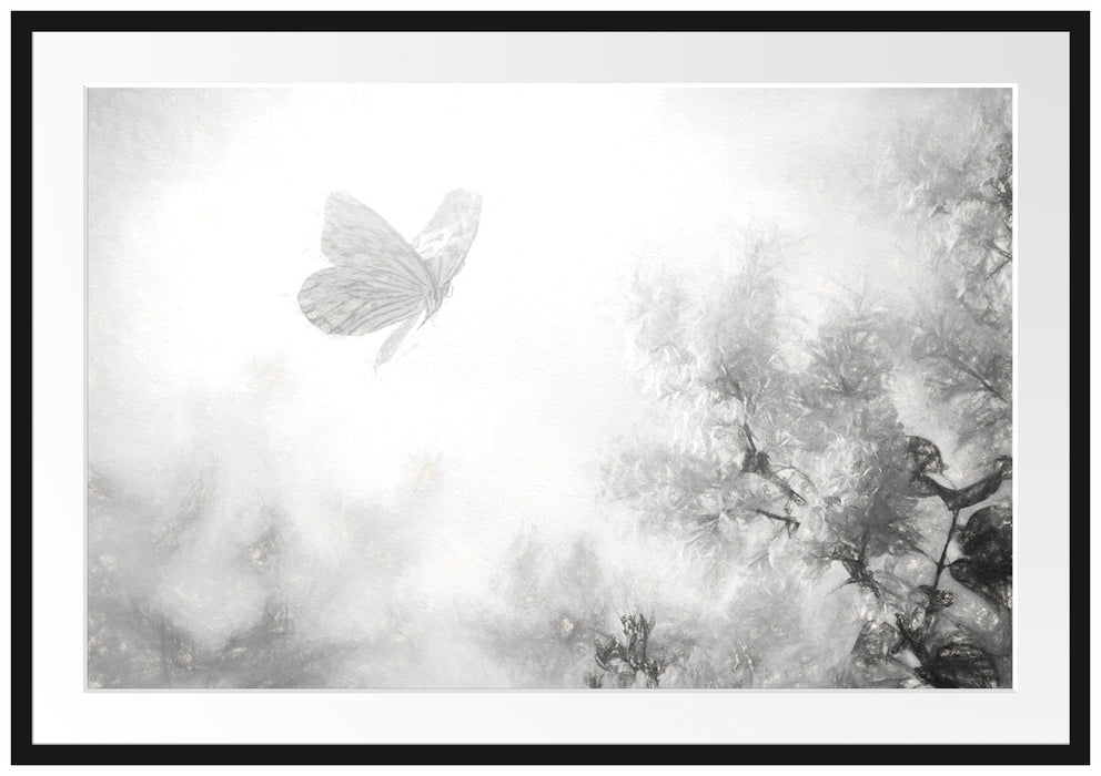 Pixxprint Schmetterling Kirschblüten, im Galerie-Passepartout Bilderrahmen