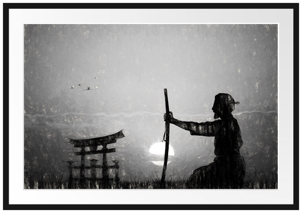 Pixxprint Samurai-Meister vor Horizont, im Galerie-Passepartout Bilderrahmen