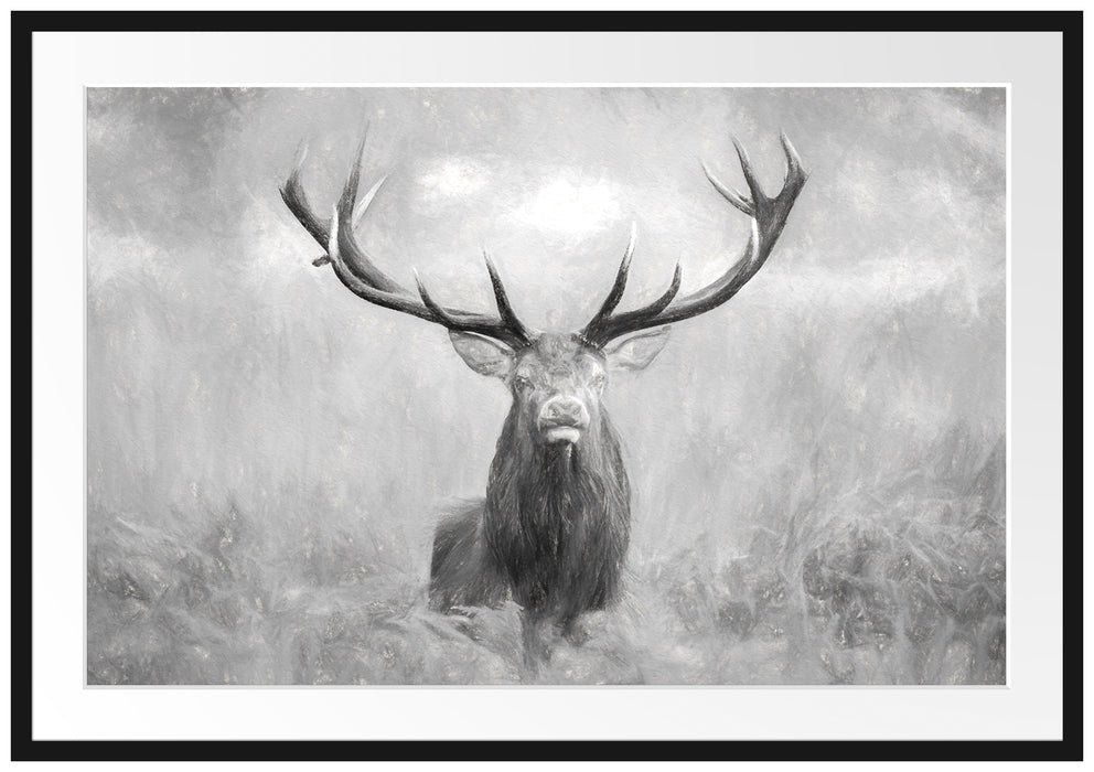 Pixxprint Großer Hirsch im Feld Kunst, im Galerie-Passepartout Bilderrahmen
