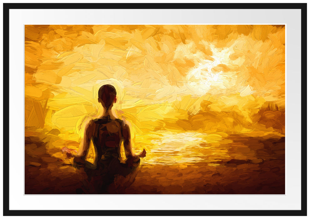Pixxprint Frau meditiert am Strand, im Galerie-Passepartout Bilderrahmen
