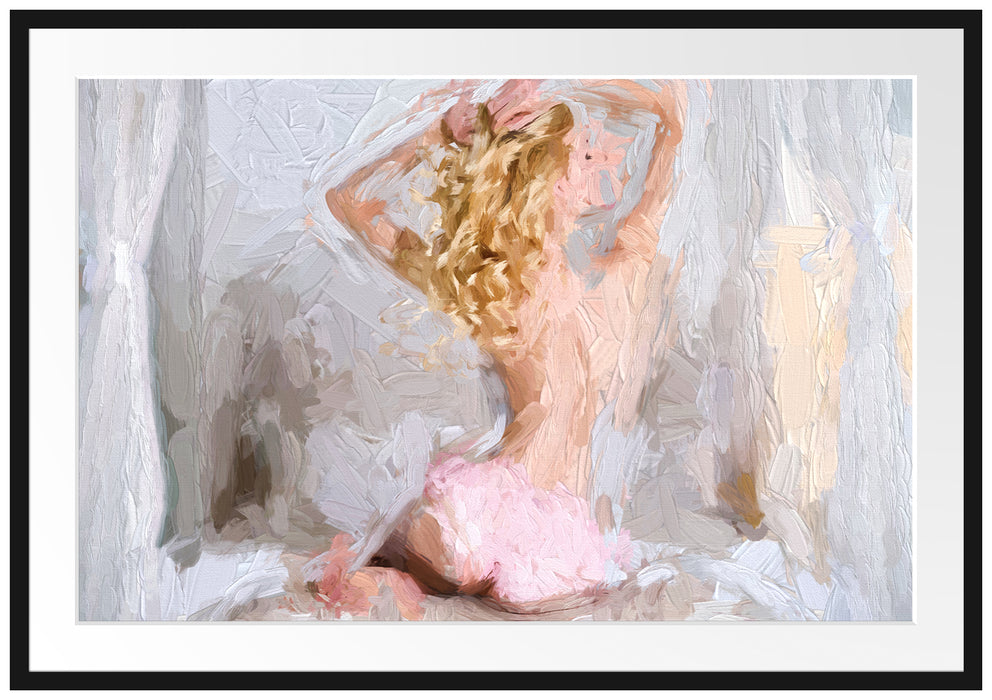 Pixxprint nackter Rücken im Schlafzimmer, im Galerie-Passepartout Bilderrahmen