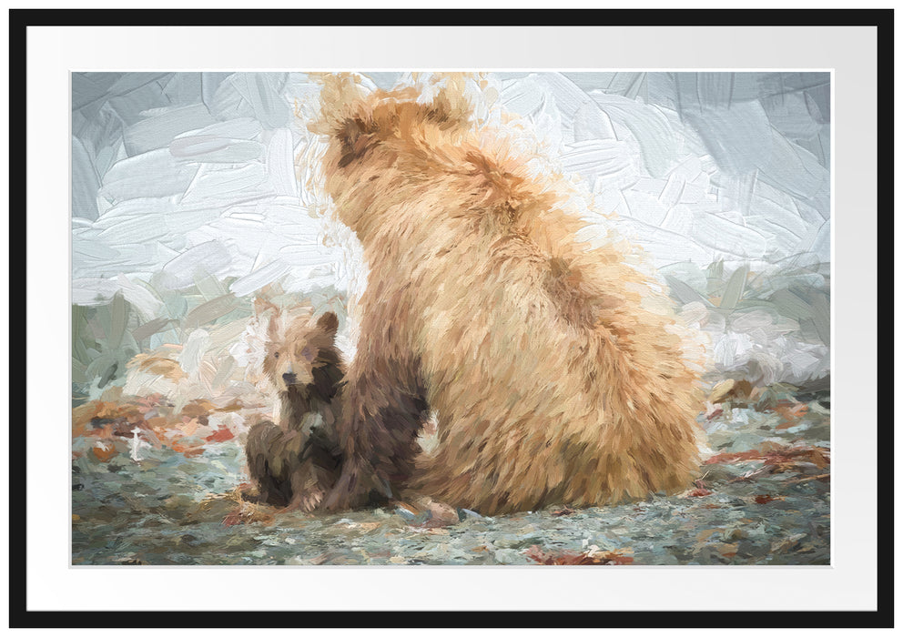 Pixxprint Bär mit Baby nach dem Baden, im Galerie-Passepartout Bilderrahmen