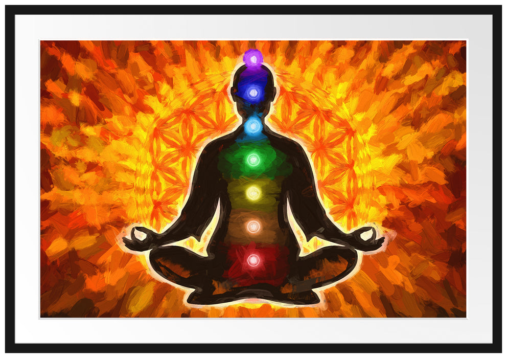 Pixxprint Meditation mit den 7 Chakren Kunst, im Galerie-Passepartout Bilderrahmen