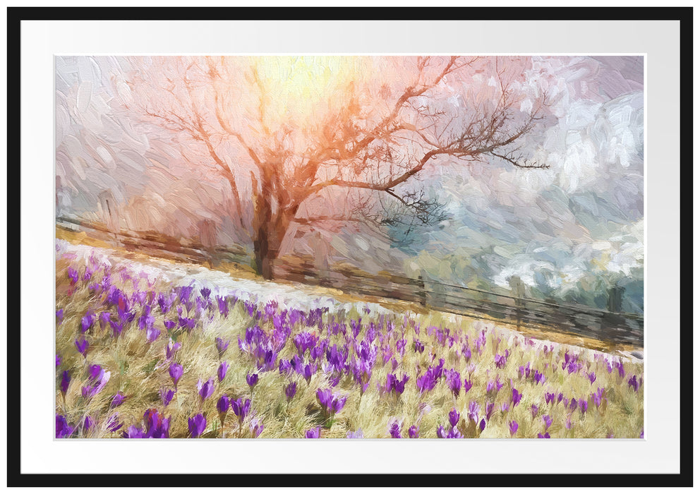 Pixxprint Krokusswiese in Gebirge Kunst, im Galerie-Passepartout Bilderrahmen