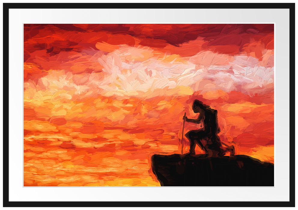Pixxprint Samurai auf der Spitze des Berges, im Galerie-Passepartout Bilderrahmen