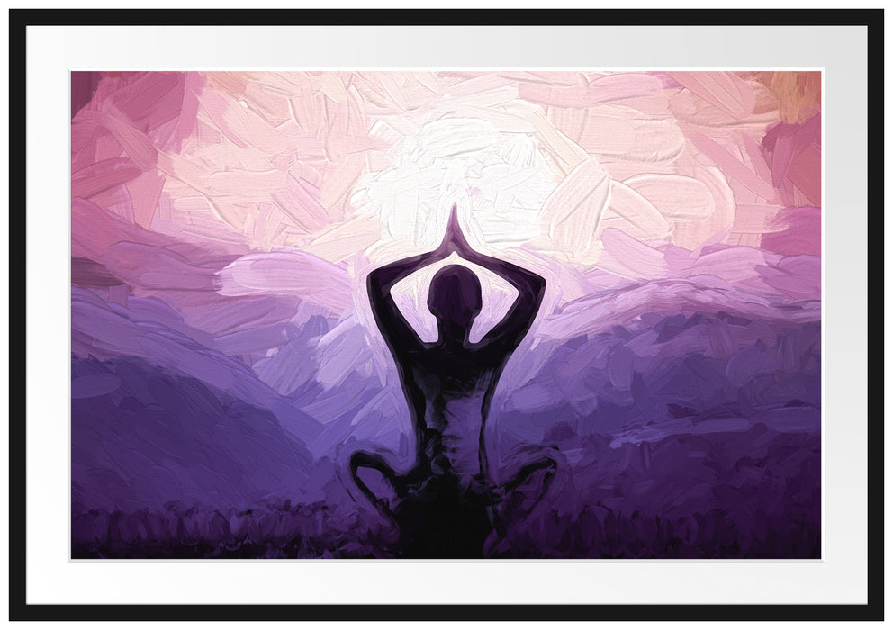 Pixxprint Meditierender Mann in den Bergen, im Galerie-Passepartout Bilderrahmen