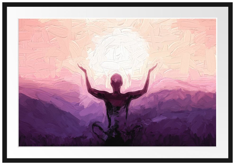 Pixxprint Yoga in den Bergen Kunst, im Galerie-Passepartout Bilderrahmen