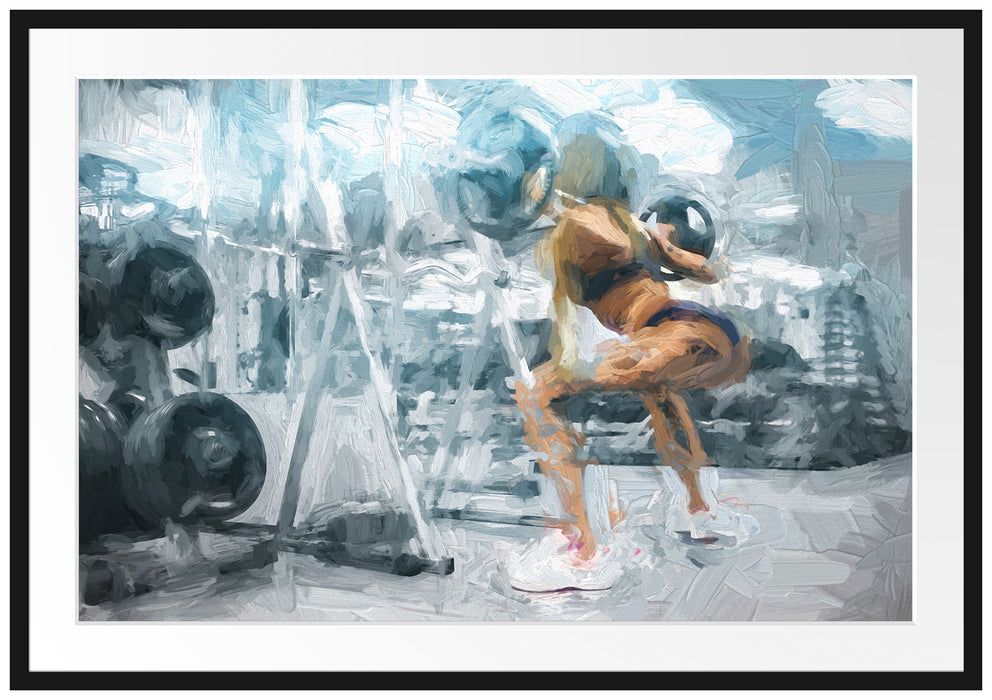 Pixxprint Sportliche Frau mit Hantelstange, im Galerie-Passepartout Bilderrahmen