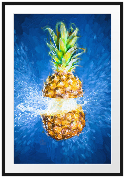 Pixxprint Ananas mit Wasser bespritzt Kunst, im Galerie-Passepartout Bilderrahmen