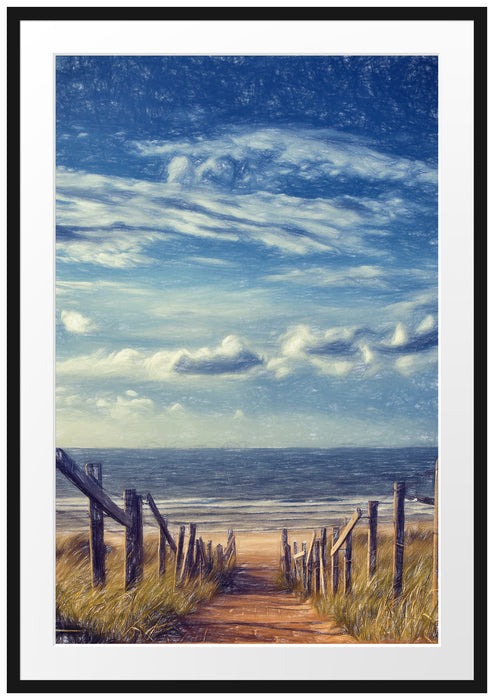 Pixxprint Weg zum Strand am Meer, im Galerie-Passepartout Bilderrahmen