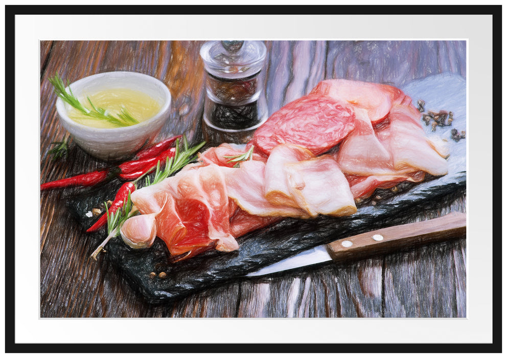 Pixxprint Antipasti Wurstsorten, im Galerie-Passepartout Bilderrahmen