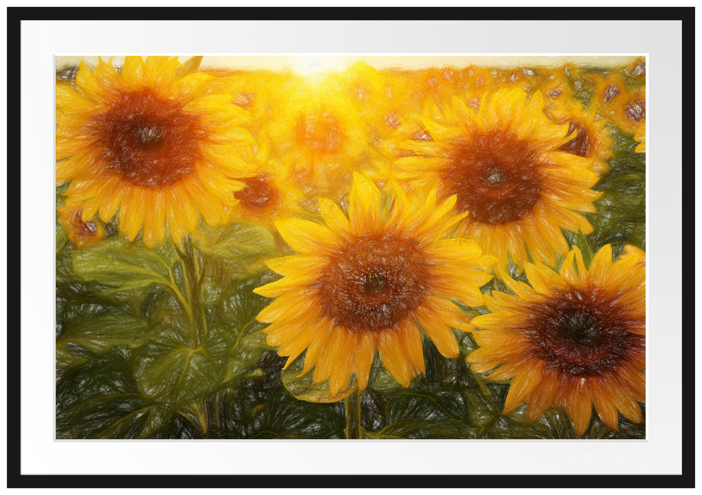 Pixxprint Sonnenblumen auf dem Feld, im Galerie-Passepartout Bilderrahmen
