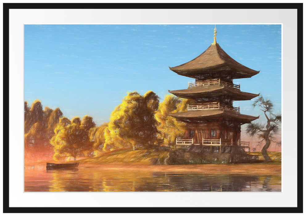 Pixxprint asiatischer Tempel an See, im Galerie-Passepartout Bilderrahmen