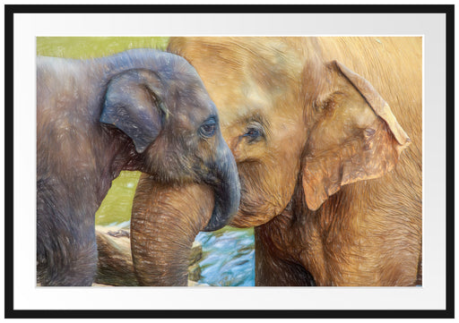 Elefantenmutter mit Kalb Passepartout 100x70