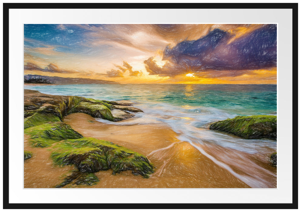 Pixxprint Sonnuntergang auf Hawaii, im Galerie-Passepartout Bilderrahmen
