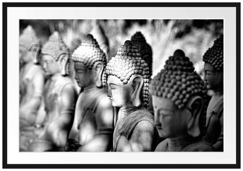 Pixxprint Buddha-Statuen in einer Reihe, im Galerie-Passepartout Bilderrahmen