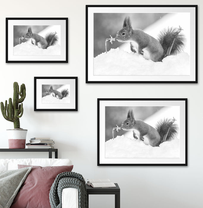 Eichhörnchen im Schnee Kunst B&W Passepartout Dekovorschlag