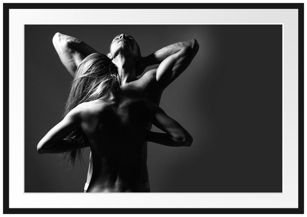 Pixxprint Fitness Paar Kunst B&W, im Galerie-Passepartout Bilderrahmen