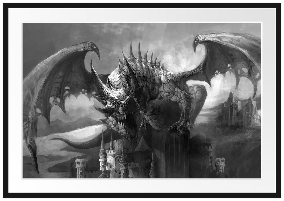Pixxprint Drache auf der Festung, im Galerie-Passepartout Bilderrahmen
